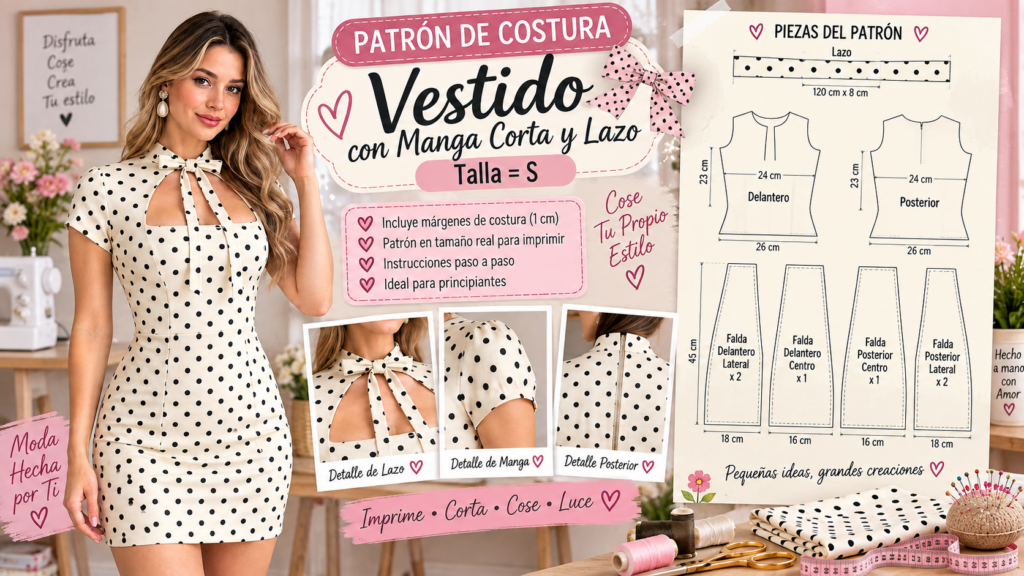 Vestido corto de lunares con escote abierto y lazo al cuello