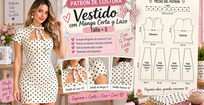 Cómo hacer un vestido corto con escote abierto y lazo al cuello Vestido corto de lunares con escote abierto y lazo al cuello