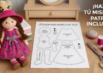 Muñeca de tela hecha a mano con vestido floral rosa, sombrero y cabello trenzado