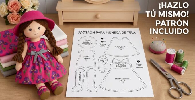 Cómo hacer una muñeca de tela con vestido y sombrero paso a paso Muñeca de tela hecha a mano con vestido floral rosa, sombrero y cabello trenzado