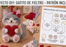Gatita gris de fieltro abrazando un corazón rojo con lazo y patitas rosas