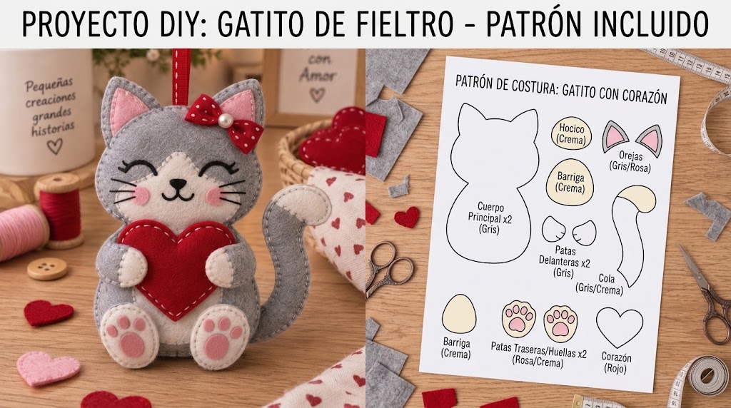 Gatita gris de fieltro abrazando un corazón rojo con lazo y patitas rosas