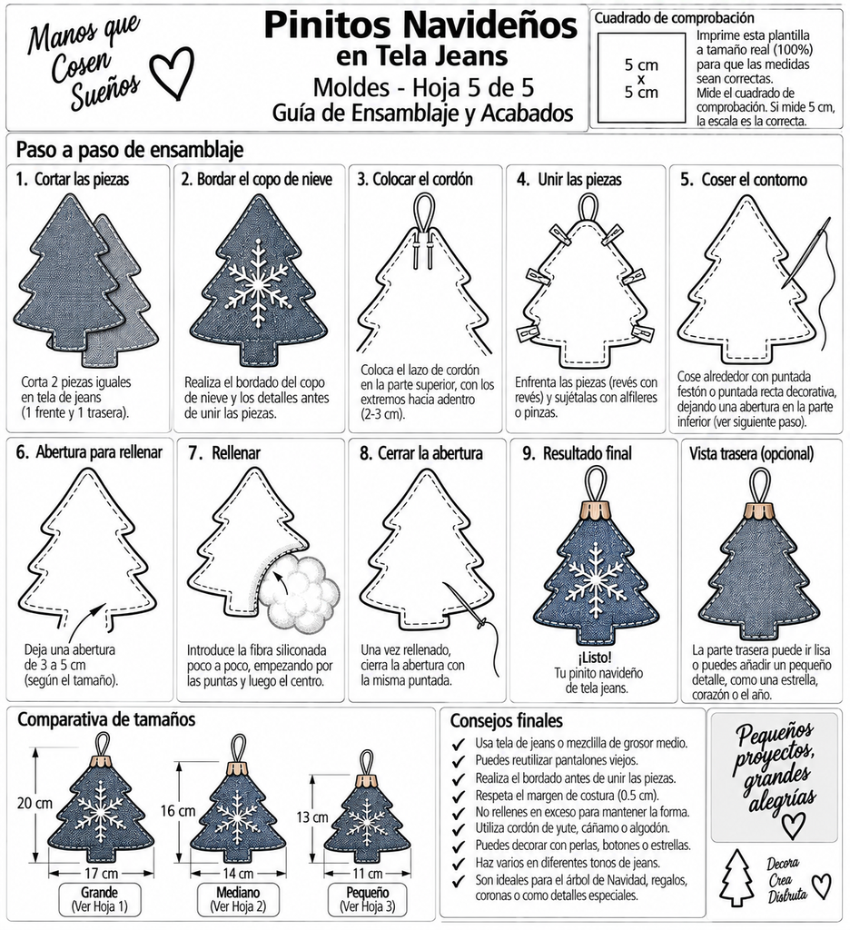 Molde con medidas para hacer árbol de Navidad con tela de jeans
Proceso de bordado de copo de nieve sobre tela vaquera
Árbol navideño de jeans relleno con costura decorativa blanca
Adornos navideños hechos con retazos de pantalones jeans reciclados