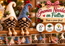 Gnomos navideños artesanales hechos con piñas de pino, gorros de fieltro y piernas de cuerda.