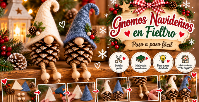 Gnomos navideños con piñas de pino y fieltro Gnomos navideños artesanales hechos con piñas de pino, gorros de fieltro y piernas de cuerda.