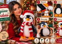 Pingüino navideño de tela acolchado con gorro de Santa y bufanda roja y blanca