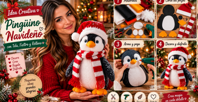 Cómo hacer un pingüino navideño de tela con gorro y bufanda paso a paso Pingüino navideño de tela acolchado con gorro de Santa y bufanda roja y blanca