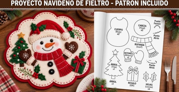 Cómo hacer un individual de mesa navideño de fieltro con muñeco de nieve paso a paso Individual de mesa navideño de fieltro con muñeco de nieve, árbol y aplicaciones cosidas