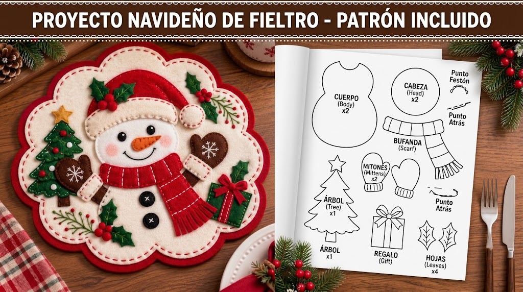 Individual de mesa navideño de fieltro con muñeco de nieve, árbol y aplicaciones cosidas