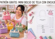 Bolsitos de tela de colores con asas, encaje y lazos hechos a mano