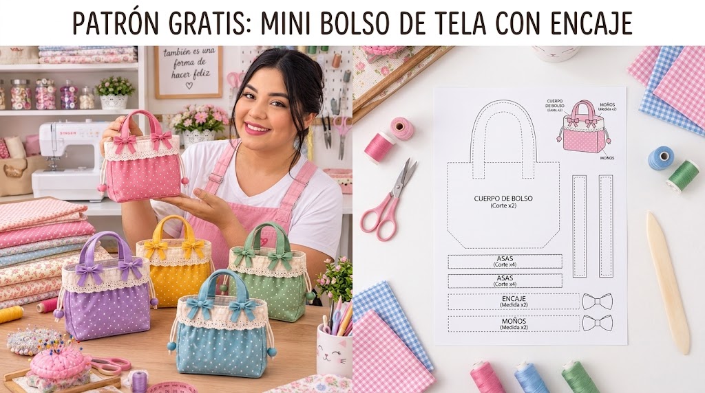Bolsitos de tela de colores con asas, encaje y lazos hechos a mano