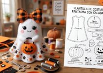 Fantasma de Halloween en fieltro blanco con lazo naranja y negro y bolsita de calabaza