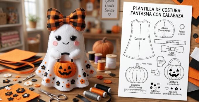Cómo hacer un fantasmita de Halloween en fieltro con bolsita de calabaza paso a paso Fantasma de Halloween en fieltro blanco con lazo naranja y negro y bolsita de calabaza