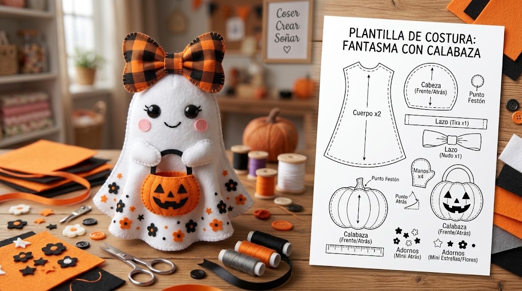 Fantasma de Halloween en fieltro blanco con lazo naranja y negro y bolsita de calabaza