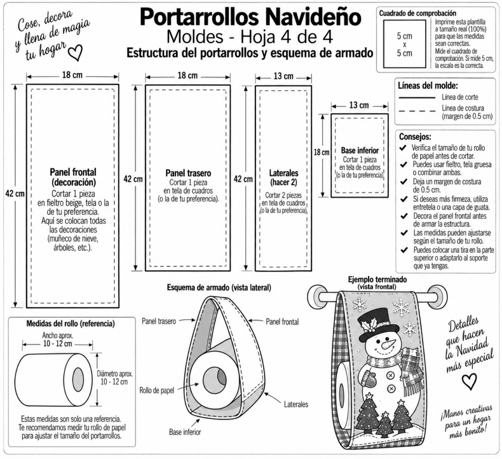 Portarrollos navideño de tela y fieltro decorado con muñeco de nieve y árboles de Navidad