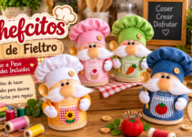 Muñecos chef de tela hechos a mano con gorros de colores, delantales y cucharas de madera