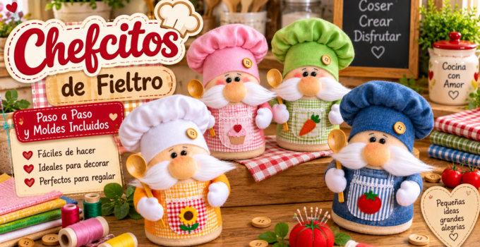 Cómo hacer un muñeco chef de tela y fieltro paso a paso Muñecos chef de tela hechos a mano con gorros de colores, delantales y cucharas de madera