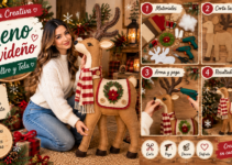 Reno navideño grande de tela con astas, bufanda de cuadros y manta decorativa