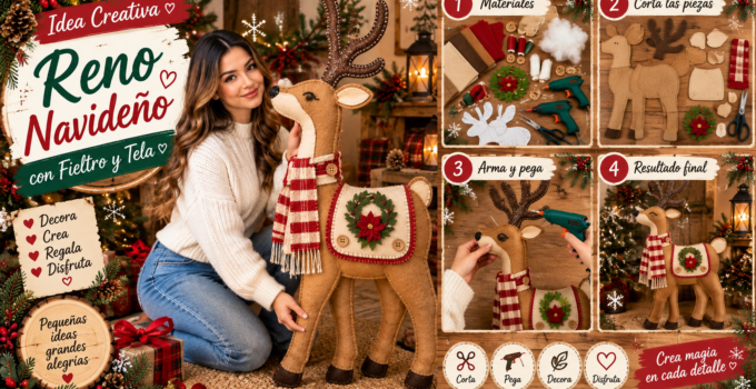 Cómo hacer un reno navideño de tela con bufanda y manta decorativa Reno navideño grande de tela con astas, bufanda de cuadros y manta decorativa