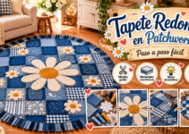 Alfombra circular artesanal de mezclilla patchwork decorada con margaritas de tela y borde de flecos.