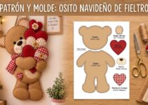 Oso de fieltro marrón con corazones rojos y bufanda de cuadros hecho a mano