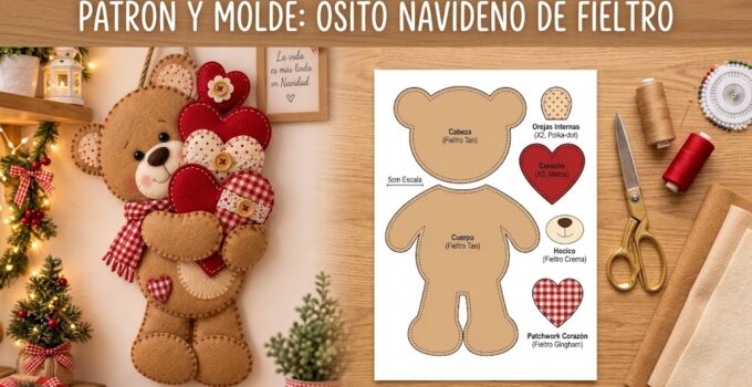 Cómo hacer un oso de fieltro con corazones para decorar paso a paso Oso de fieltro marrón con corazones rojos y bufanda de cuadros hecho a mano