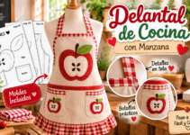 Delantal de cocina artesanal color beige con manzanas rojas, bolsillos y volante de cuadros vichy