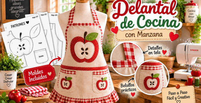 Cómo hacer un delantal de cocina con manzanas, bolsillos y volantes paso a paso Delantal de cocina artesanal color beige con manzanas rojas, bolsillos y volante de cuadros vichy