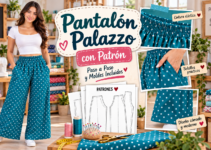 Aprende cómo confeccionar un pantalón palazzo de pierna ancha con cintura elástica y bolsillos laterales. Tutorial de costura paso a paso con moldes.