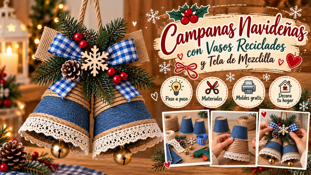 Portavelas navideño hecho con frasco de vidrio, yute, cinta escocesa, piña y ramas de pino.