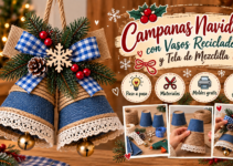 Portavelas navideño hecho con frasco de vidrio, yute, cinta escocesa, piña y ramas de pino.
