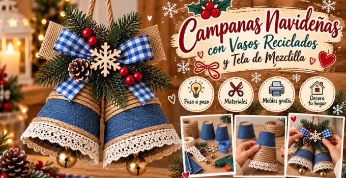 Cómo hacer campanas navideñas rústicas con mezclilla y yute Portavelas navideño hecho con frasco de vidrio, yute, cinta escocesa, piña y ramas de pino.