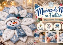 Centro de mesa navideño de fieltro con muñeco de nieve, pétalos blancos y azules decorados con copos y perlas.