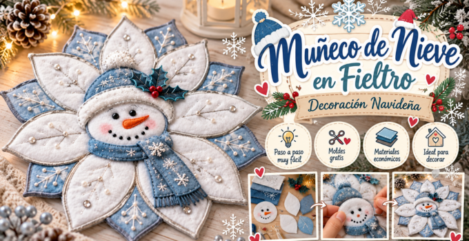 Centro de mesa navideño de muñeco de nieve y flor en fieltro Centro de mesa navideño de fieltro con muñeco de nieve, pétalos blancos y azules decorados con copos y perlas.