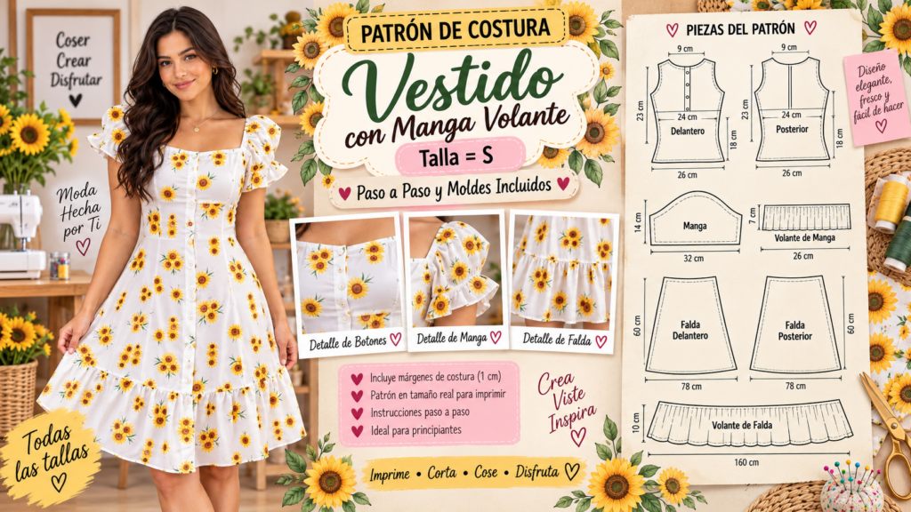 Vestido floral con mangas de volante y botones delanteros