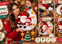 Colgante navideño de luna en fieltro con Santa Claus, muñeco de nieve y adornos de estrellas.