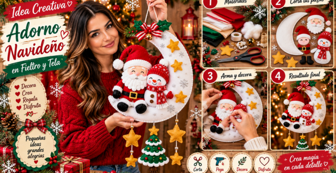 Colgante Navideño de Luna con Santa Claus y Muñeco de Nieve en Fieltro Colgante navideño de luna en fieltro con Santa Claus, muñeco de nieve y adornos de estrellas.