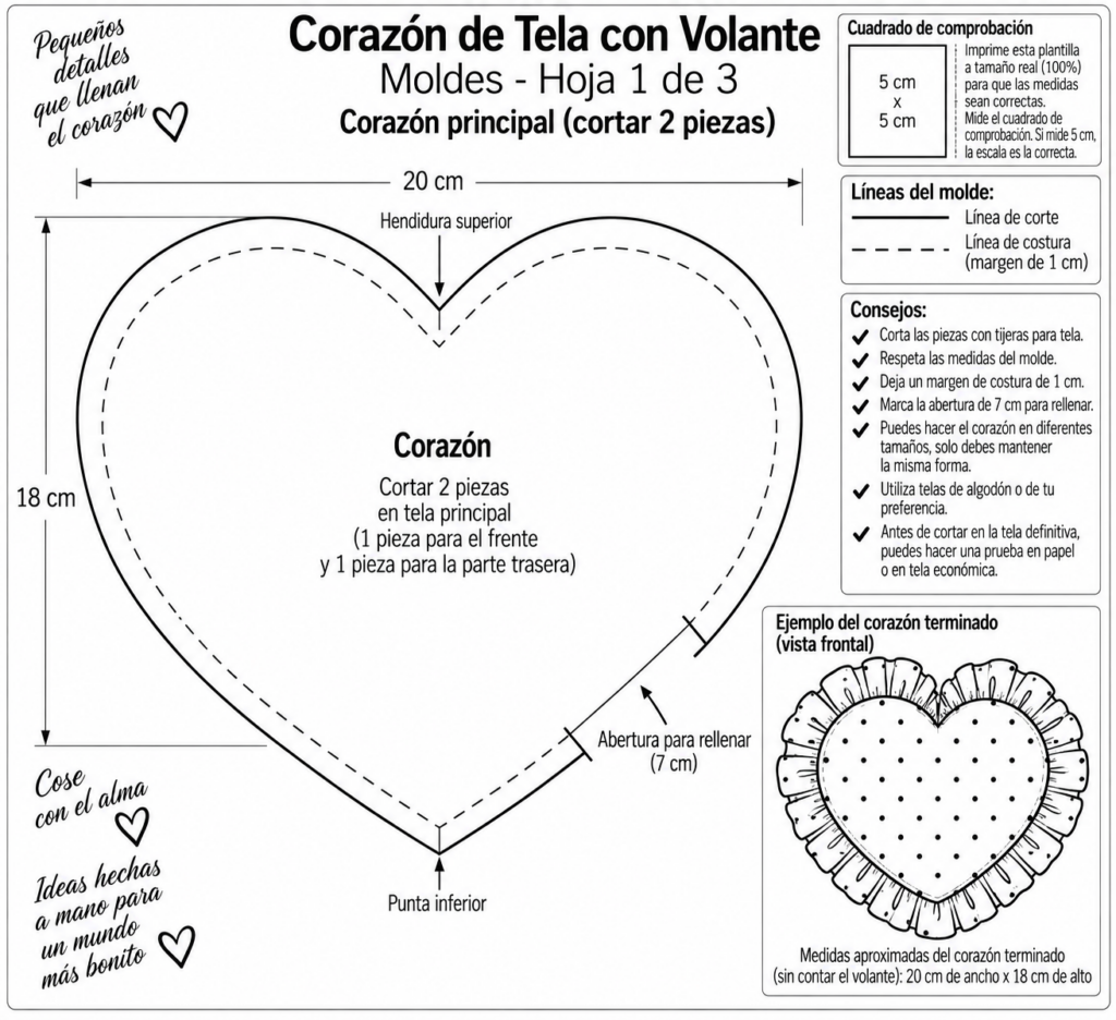 Corazones acolchados de tela con lunares y volante fruncido alrededor