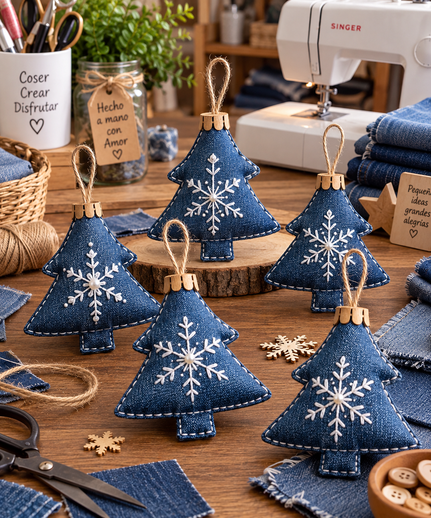 Molde con medidas para hacer árbol de Navidad con tela de jeans
Proceso de bordado de copo de nieve sobre tela vaquera
Árbol navideño de jeans relleno con costura decorativa blanca
Adornos navideños hechos con retazos de pantalones jeans reciclados