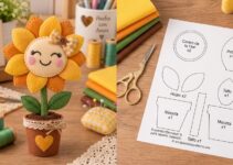 Girasol kawaii de fieltro amarillo y naranja en maceta marrón decorada con encaje y corazón