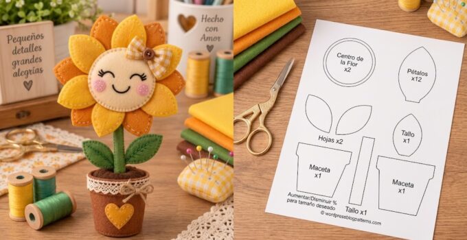 Cómo hacer un girasol kawaii de fieltro en maceta paso a paso Girasol kawaii de fieltro amarillo y naranja en maceta marrón decorada con encaje y corazón
