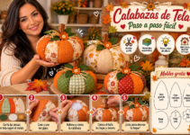 Calabazas decorativas de tela acolchada hechas con retazos de diferentes estampados otoñales.