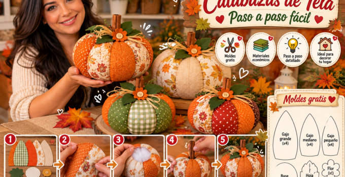 Cómo hacer calabazas de tela acolchadas para otoño Calabazas decorativas de tela acolchada hechas con retazos de diferentes estampados otoñales.