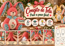 Conejito de tela sentado hecho a mano con orejas largas y barriga bordada.