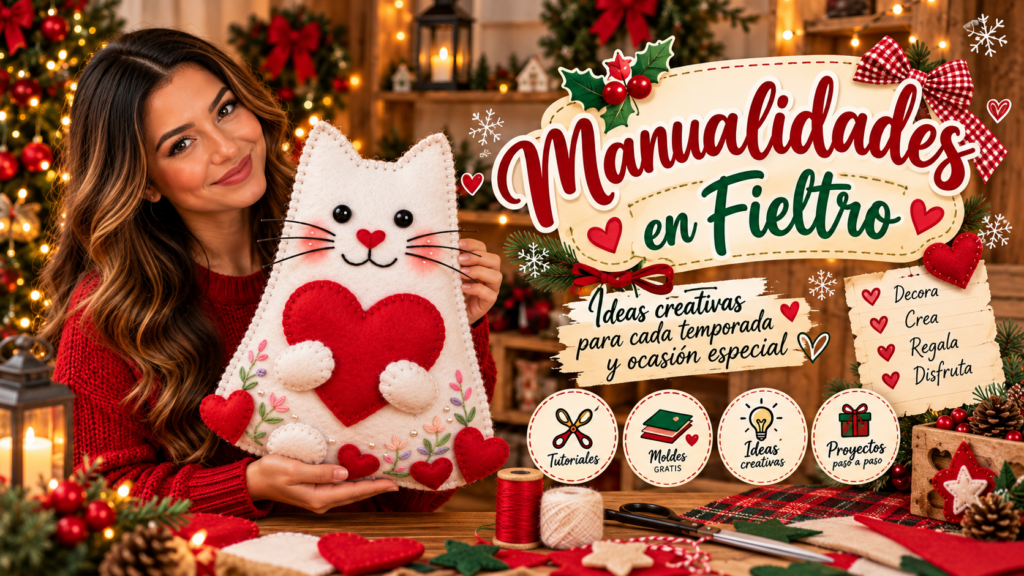 Gatito blanco de fieltro abrazando un corazón rojo con flores bordadas y pequeños corazones.