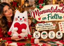 Gatito blanco de fieltro abrazando un corazón rojo con flores bordadas y pequeños corazones.