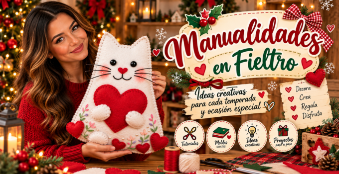 Cómo hacer un gatito de fieltro con corazón paso a paso Gatito blanco de fieltro abrazando un corazón rojo con flores bordadas y pequeños corazones.
