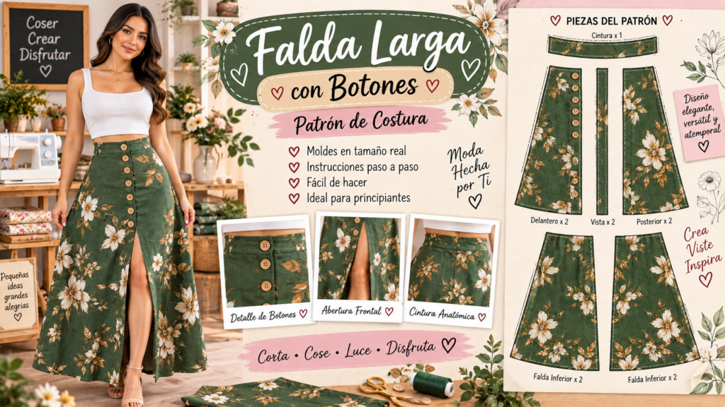 Aprende a confeccionar una falda larga de cintura alta con botones delanteros y abertura. Tutorial de costura paso a paso con medidas y moldes.