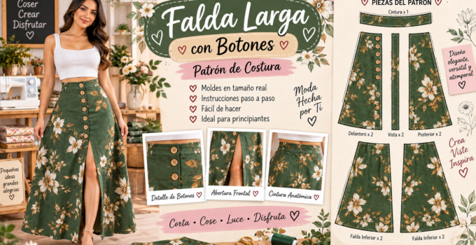 Cómo hacer una falda larga con botones delanteros y abertura Aprende a confeccionar una falda larga de cintura alta con botones delanteros y abertura. Tutorial de costura paso a paso con medidas y moldes.