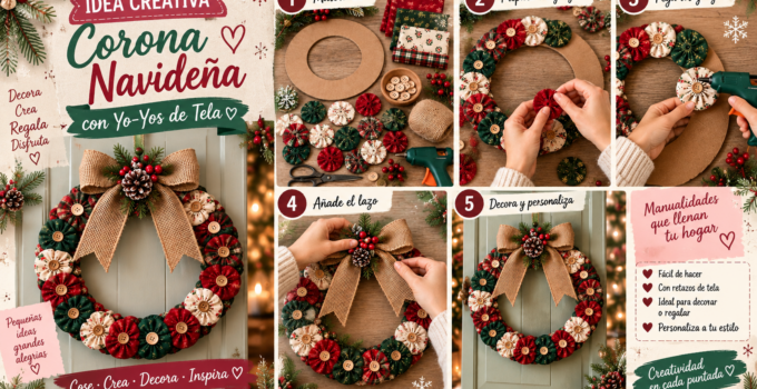 Cómo hacer una corona navideña con yoyós de tela paso a paso Corona navideña artesanal hecha con yoyós de tela en rojo, verde y crema, botones de madera y lazo de yute.